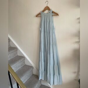 Sleeveless Tiered Ruffle Halter Maxi Dress in Light Blue Coastal Boho Chic